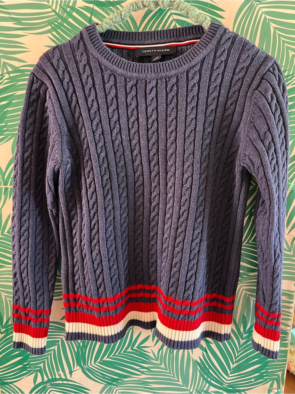 Tommy Hilfiger Navy Cable Knit Sweater with Red & White Trim Kids L